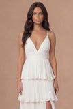 Ivory Spaghetti Straps Tiered Pleated Long Bridal Shower Dress with Slit
