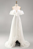 Ivory Ruffled Off the Shoulder A Line Long Engagement Dress with Slit