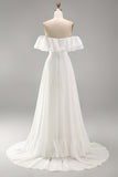 Ivory Ruffled Off the Shoulder A Line Long Engagement Dress with Slit