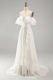 Ivory Ruffled Off the Shoulder A Line Long Engagement Dress with Slit