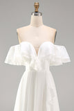 Ivory Ruffled Off the Shoulder A Line Long Engagement Dress with Slit