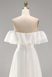Ivory Ruffled Off the Shoulder A Line Long Engagement Dress with Slit