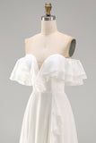 Ivory Ruffled Off the Shoulder A Line Long Engagement Dress with Slit