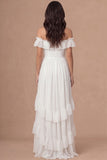 Off the Shoulder Ruffled Ivory Backless High Low Wedding Reception Dress