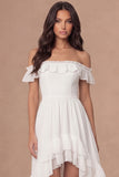 Off the Shoulder Ruffled Ivory Backless High Low Wedding Reception Dress