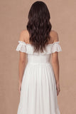 Off the Shoulder Ruffled Ivory Backless High Low Wedding Reception Dress