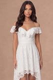 Off the Shoulder Ivory Embroidered High Low Wedding Reception Dress