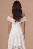 Off the Shoulder Ivory Embroidered High Low Wedding Reception Dress