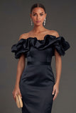 Black Sheath Off the Shoulder Ruffled Long Formal Dress