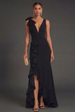 Black Mermaid Ruffled V Neck Long Formal Dress with Slit