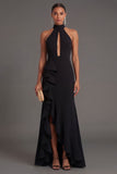 Black Mermaid Halter Neck Ruffled Long Formal Dress with Slit