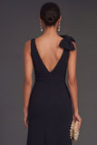 A Line Black V Neck Sleeveless Long Formal Dress with Bow