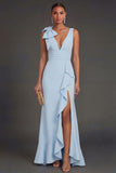 Dark Green Mermaid Ruffled V Neck Long Formal Dress with Slit