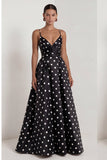 Black White Dots Spaghetti Straps A Line Long Wedding Guest Dress