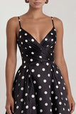 Black White Dots Spaghetti Straps A Line Long Wedding Guest Dress