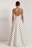 Black White Dots Spaghetti Straps A Line Long Wedding Guest Dress