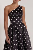 One Shoulder Black White Dots A Line Long Wedding Guest Dress