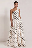 One Shoulder Black White Dots A Line Long Wedding Guest Dress