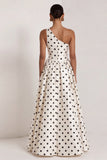 One Shoulder Black White Dots A Line Long Wedding Guest Dress
