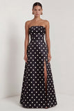 Strapless Black White Dots A Line Long Formal Dress with Slit