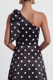 One Shoulder Black White Dots A Line Long Formal Dress with Slit
