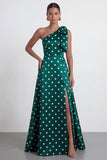 One Shoulder Black White Dots A Line Long Formal Dress with Slit