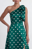 One Shoulder Black White Dots A Line Long Formal Dress with Slit
