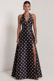 Black White Dots Halter Neck A Line Sleeveless Long Wedding Guest Dress with Slit