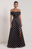 Black White Dots A Line Off the Shoulder Long Wedding Guest Dress with Slit