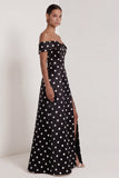Black White Dots A Line Off the Shoulder Long Wedding Guest Dress with Slit