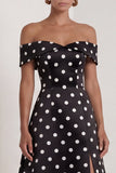 Black White Dots A Line Off the Shoulder Long Wedding Guest Dress with Slit