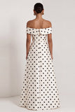 Black White Dots A Line Off the Shoulder Long Wedding Guest Dress with Slit