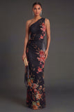 Black Floral Sheath One Shoulder Ruched Backless Long Formal Dress