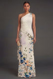 Black Floral Sheath One Shoulder Ruched Backless Long Formal Dress