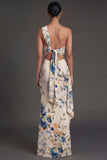 Black Floral Sheath One Shoulder Ruched Backless Long Formal Dress
