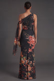 Floral Black Sheath One Shoulder Ruched Long Formal Dress
