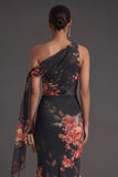 Floral Black Sheath One Shoulder Ruched Long Formal Dress