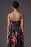 Floral Black A Line Spaghetti Straps Backless Long Formal Dress