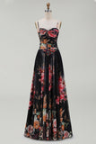 Floral Black A Line Spaghetti Straps Backless Long Formal Dress