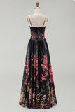 Floral Black A Line Spaghetti Straps Backless Long Formal Dress