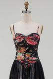 Floral Black A Line Spaghetti Straps Backless Long Formal Dress