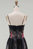 Floral Black A Line Spaghetti Straps Backless Long Formal Dress