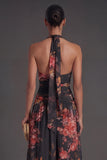 Halter Neck Floral Black A Line Long Formal Dress with Slit