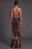 Spaghetti Straps Sheath Floral Black Keyhole Long Formal Dress