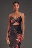 Spaghetti Straps Sheath Floral Black Keyhole Long Formal Dress