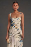 Ivory Floral A Line Thick Straps Ruched Backless Long Formal Dress