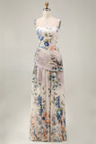Ivory Floral A Line Thick Straps Ruched Backless Long Formal Dress