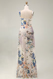 Ivory Floral A Line Thick Straps Ruched Backless Long Formal Dress