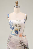 Ivory Floral A Line Thick Straps Ruched Backless Long Formal Dress