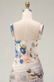 Ivory Floral A Line Thick Straps Ruched Backless Long Formal Dress